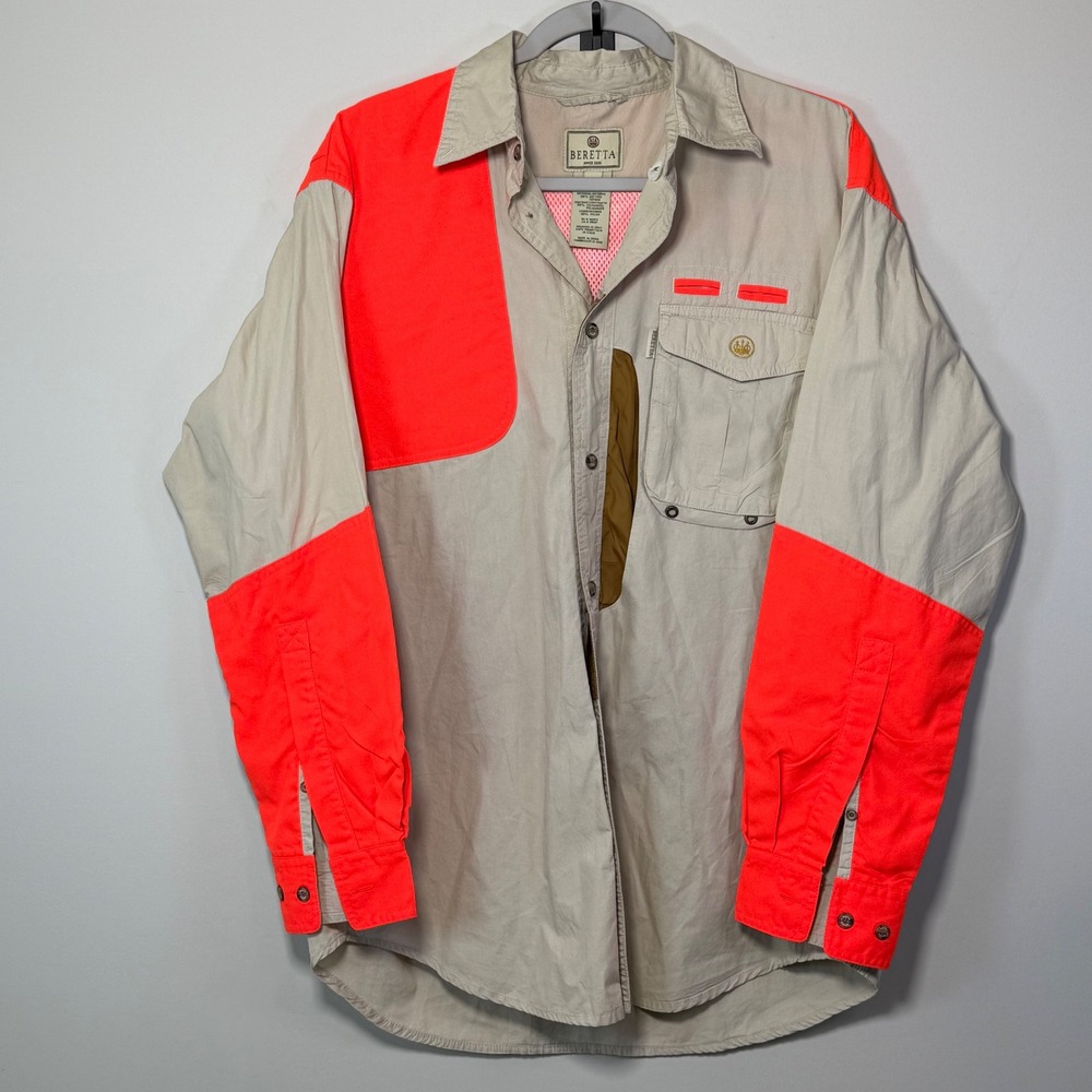 Beretta Hunting Shirt Mens L Tan Orange Shooting Patch Vented Outdoor Technical
